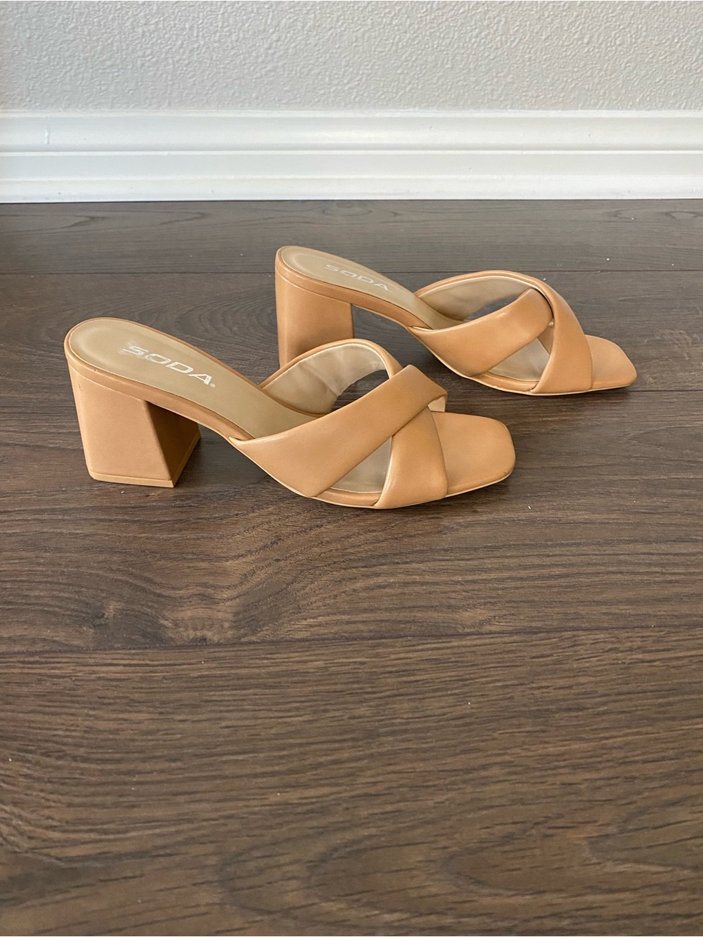 NWOT Soda Tan Cross-Strap Block Heel Mules